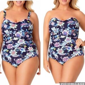 Anne Cole Twist Front Shirred Navy Tropical One Piece Swimsuit